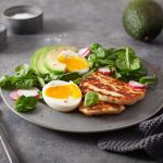 healthy keto paleo diet breakfast: boiled egg, avocado, halloumi cheese, salad leaves