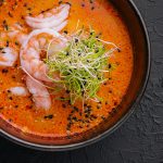 Tom yum soup with shrimp top view