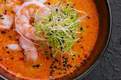 Tom yum soup with shrimp top view