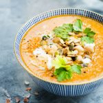 Vegetarian Soup from carrots, tomatoes, brocolli and chickpeas